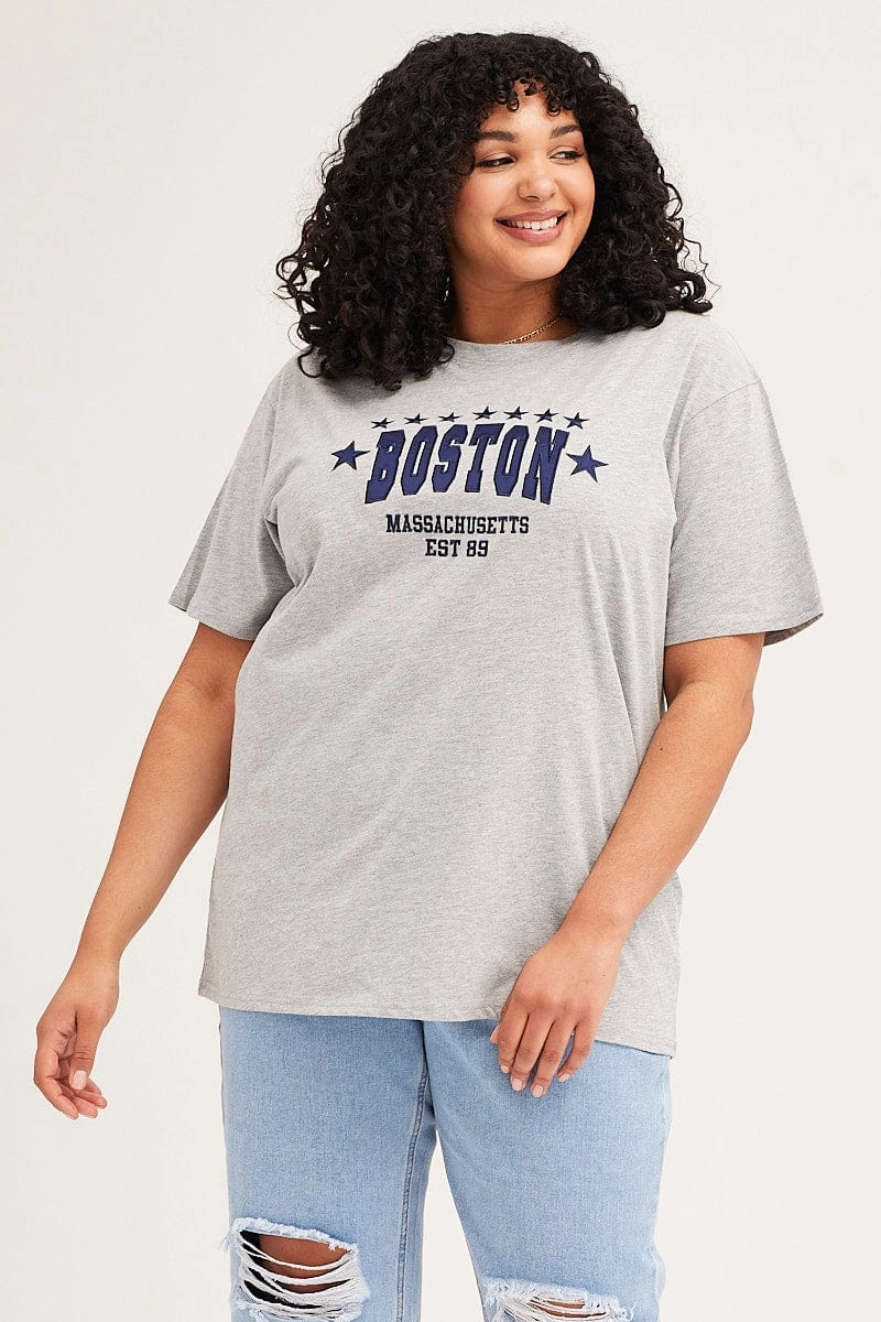 Grey Marle Short Sleeve Boston Oversized Embroidered T-shirt Sleek Fit