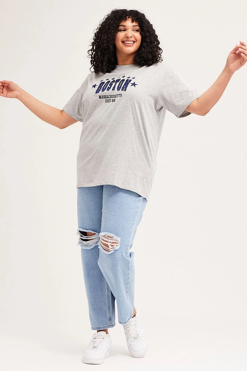 Quick Slip Grey Marle Short Sleeve Boston Oversized Embroidered T-shirt