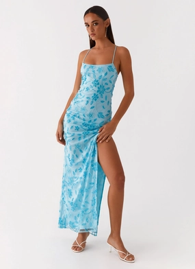 Modern and Feminine Bright Lights Beaded Maxi Dress - Blue