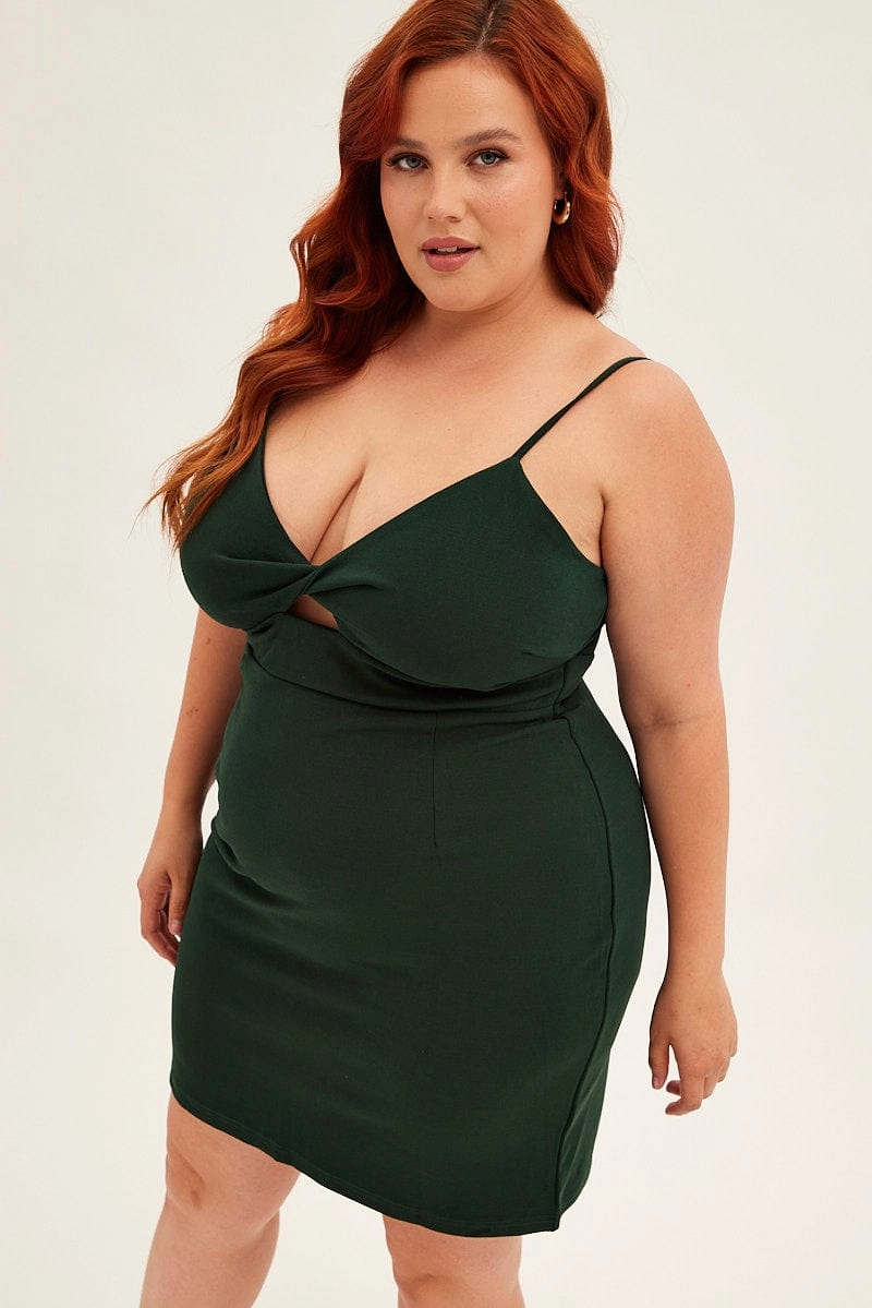 Green Midi Dress Shoestring Strap Fitted Stretch Crepe Modern and Stylish Timeless Waistband Fit