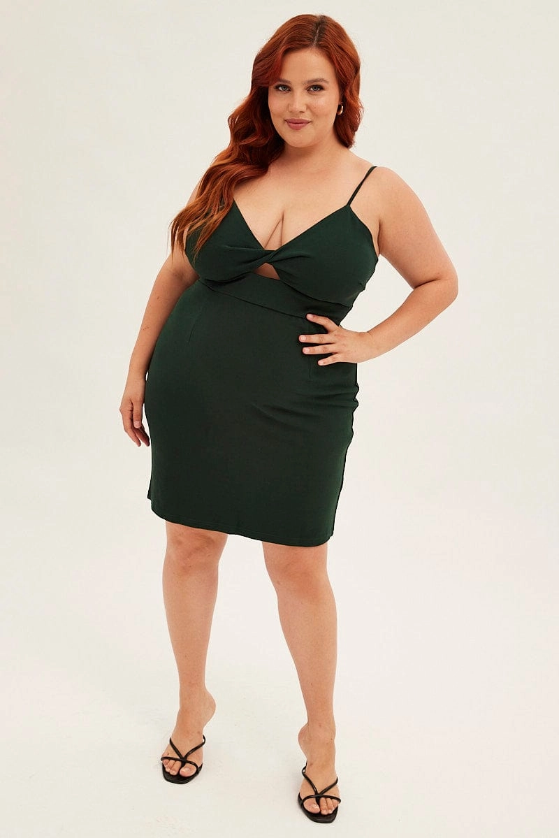 Green Midi Dress Shoestring Strap Fitted Stretch Crepe DeepPocketStyle Soft Wear