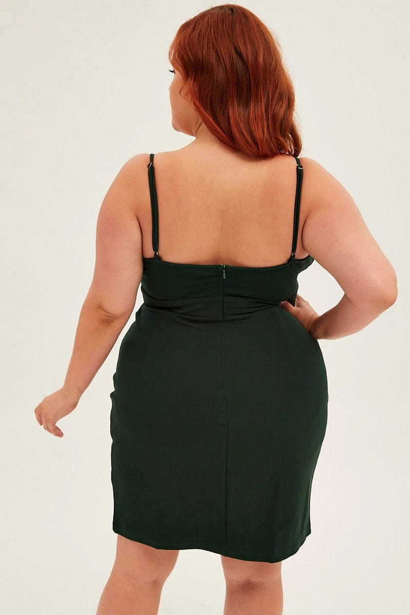 Noble Glow Minimal Aesthetic Green Midi Dress Shoestring Strap Fitted Stretch Crepe
