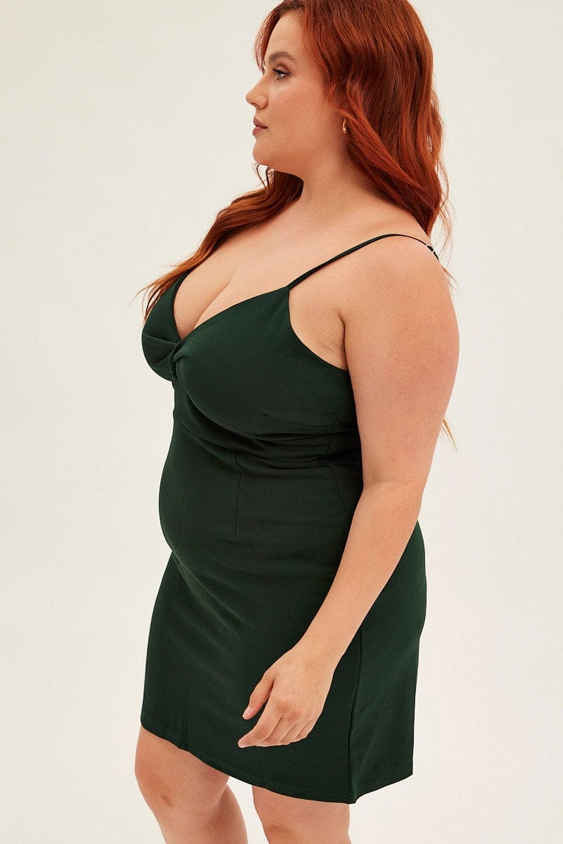 Flowing Design Green Midi Dress Shoestring Strap Fitted Stretch Crepe