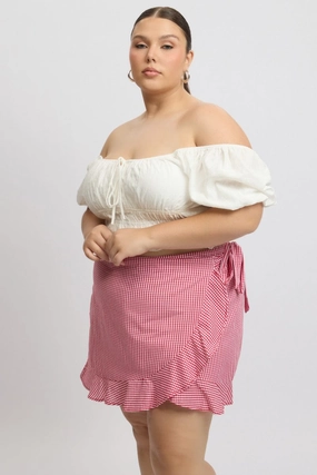 Gathered waist Red Check Wrap Gingham Mini Skirt