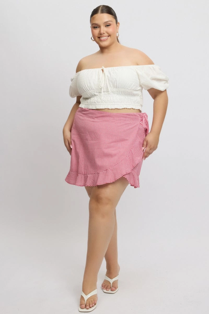 Opaque finish Pastel tone Red Check Wrap Gingham Mini Skirt