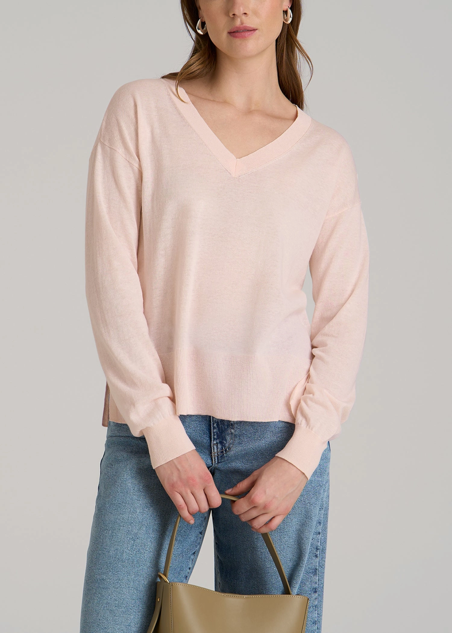 product competitive edge Linen Blend Split Hem V-Neck Sweater for Tall Women in Hush Pink
