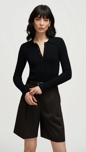 Ribbed Collar Sweater in Viscose Polyester | Black ironable Classic Relaxed