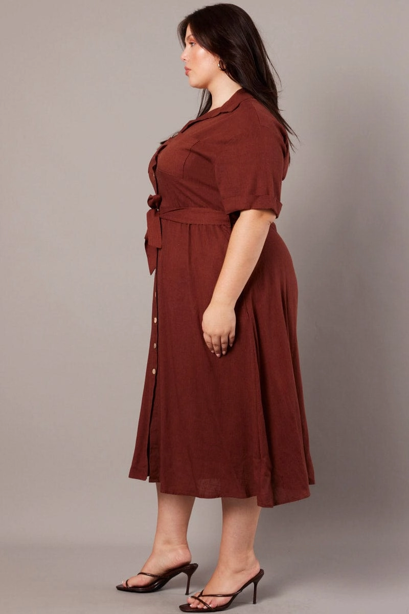 Brown Midi Dress Puff Sleeve Belted With Pockets Satin Fabric Applique-Detail
