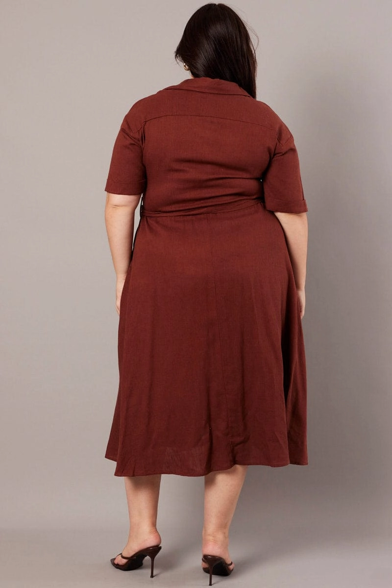 Brown Midi Dress Puff Sleeve Belted With Pockets Refined Presence Relax Form