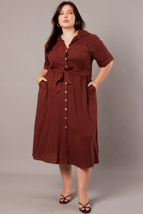 Perfect Wearable Workwear Comfort Brown Midi Dress Puff Sleeve Belted With Pockets