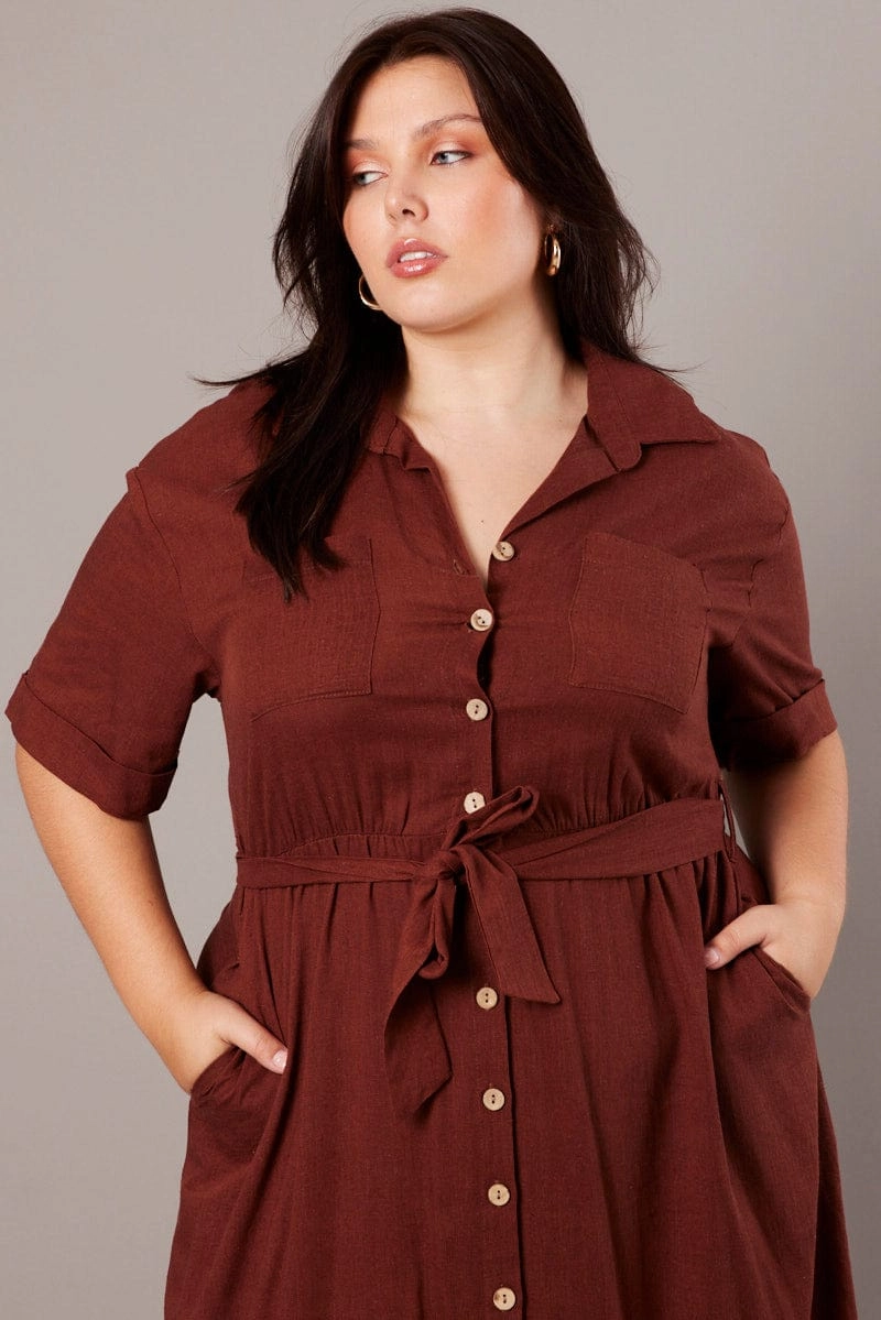 Cool Finish Calm Mood Brown Midi Dress Puff Sleeve Belted With Pockets