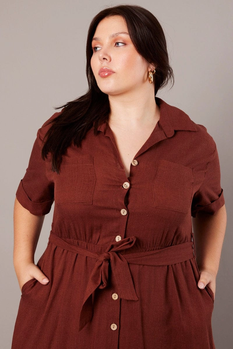 Soft Lines Travel-Essential Brown Midi Dress Puff Sleeve Belted With Pockets