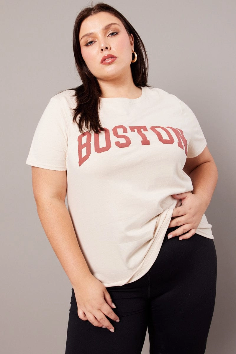 Layered Hem Design Flexible Ribbed Neckline Beige Graphic T-shirt Short Sleeve Crew Neck