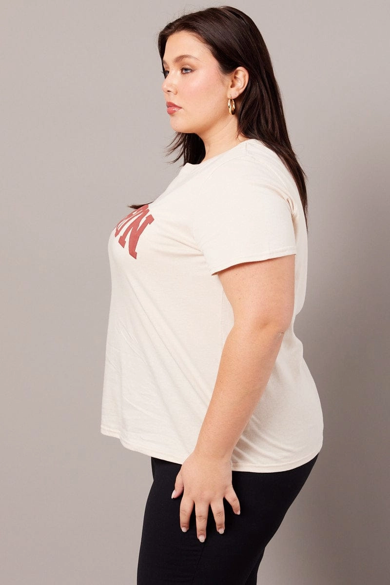 Soft Fit Wear Slim Fit Cut Beige Graphic T-shirt Short Sleeve Crew Neck