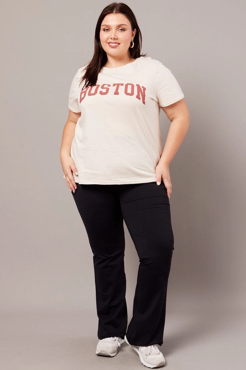 Layering Must-Have Beige Graphic T-shirt Short Sleeve Crew Neck