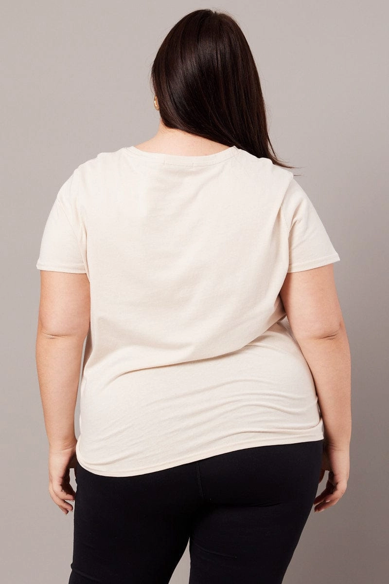 Beige Graphic T-shirt Short Sleeve Crew Neck Leather combination