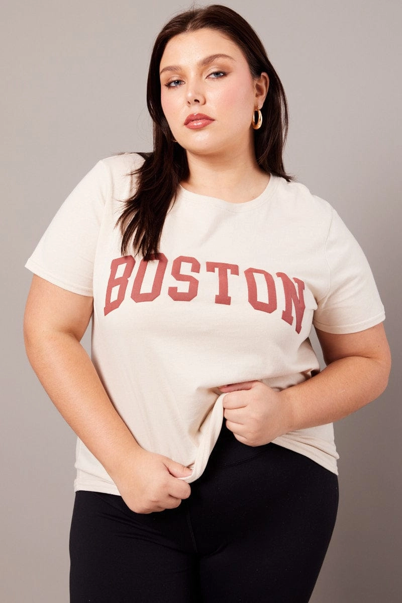 Beige Graphic T-shirt Short Sleeve Crew Neck Unisex Flexible Neckline