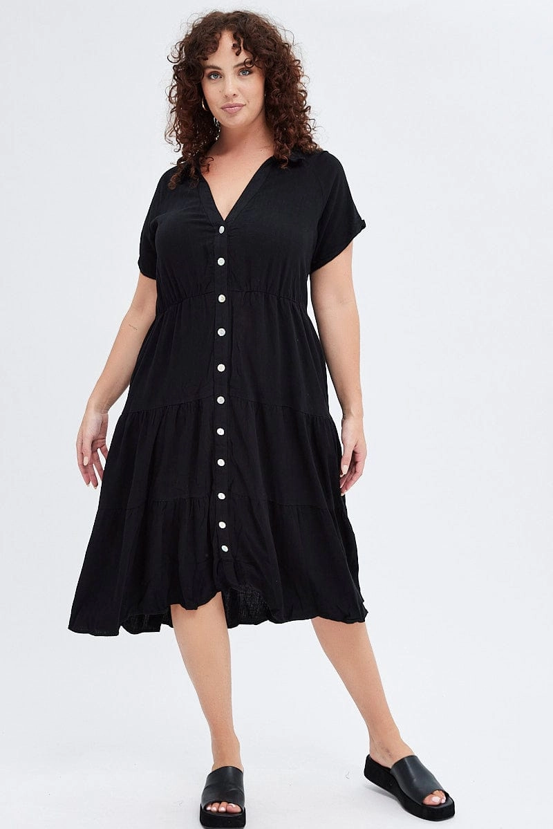 Grab Now Comfy Look Black Shirtdress Midi Button Linen Blend Short Sleeve