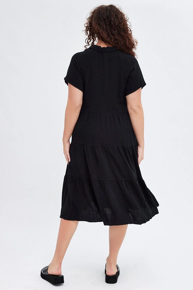 Elegant formal outfit Chic Fit Black Shirtdress Midi Button Linen Blend Short Sleeve