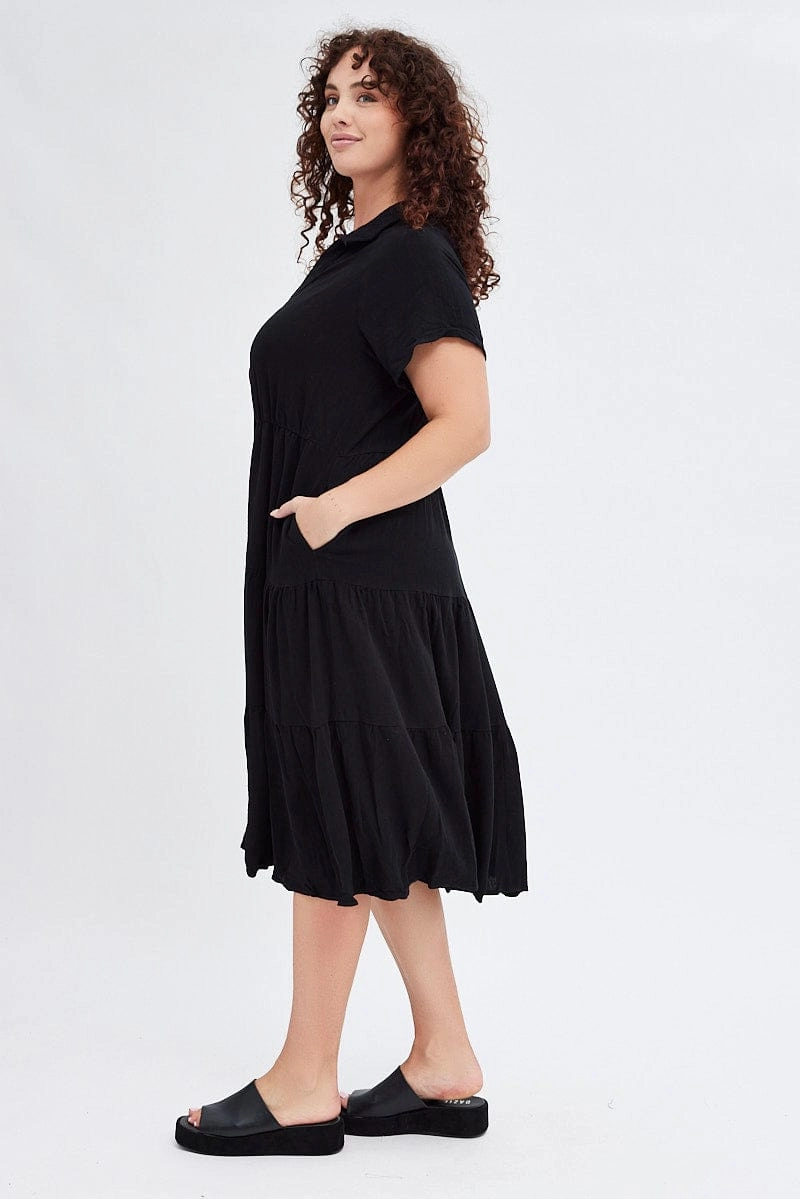 Black Shirtdress Midi Button Linen Blend Short Sleeve DoubleLayeredMaterial Relax Draping