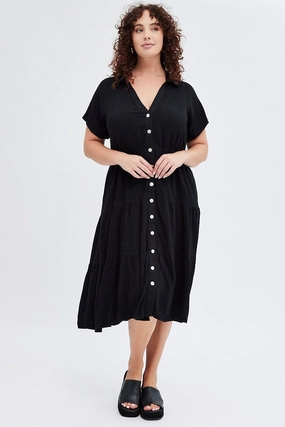 Pure Fabric Seamless Finish Black Shirtdress Midi Button Linen Blend Short Sleeve