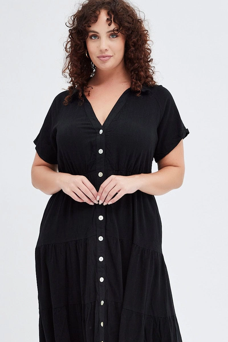 Contemporary Waist Striped-Pattern Black Shirtdress Midi Button Linen Blend Short Sleeve