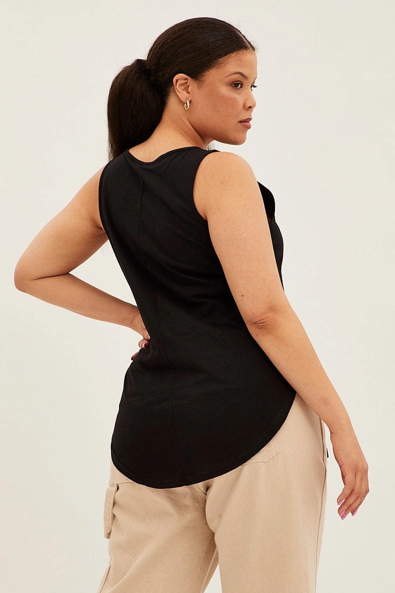 Black Sleeveless Curve Hem Rock Festival Tank Top Essential Layer