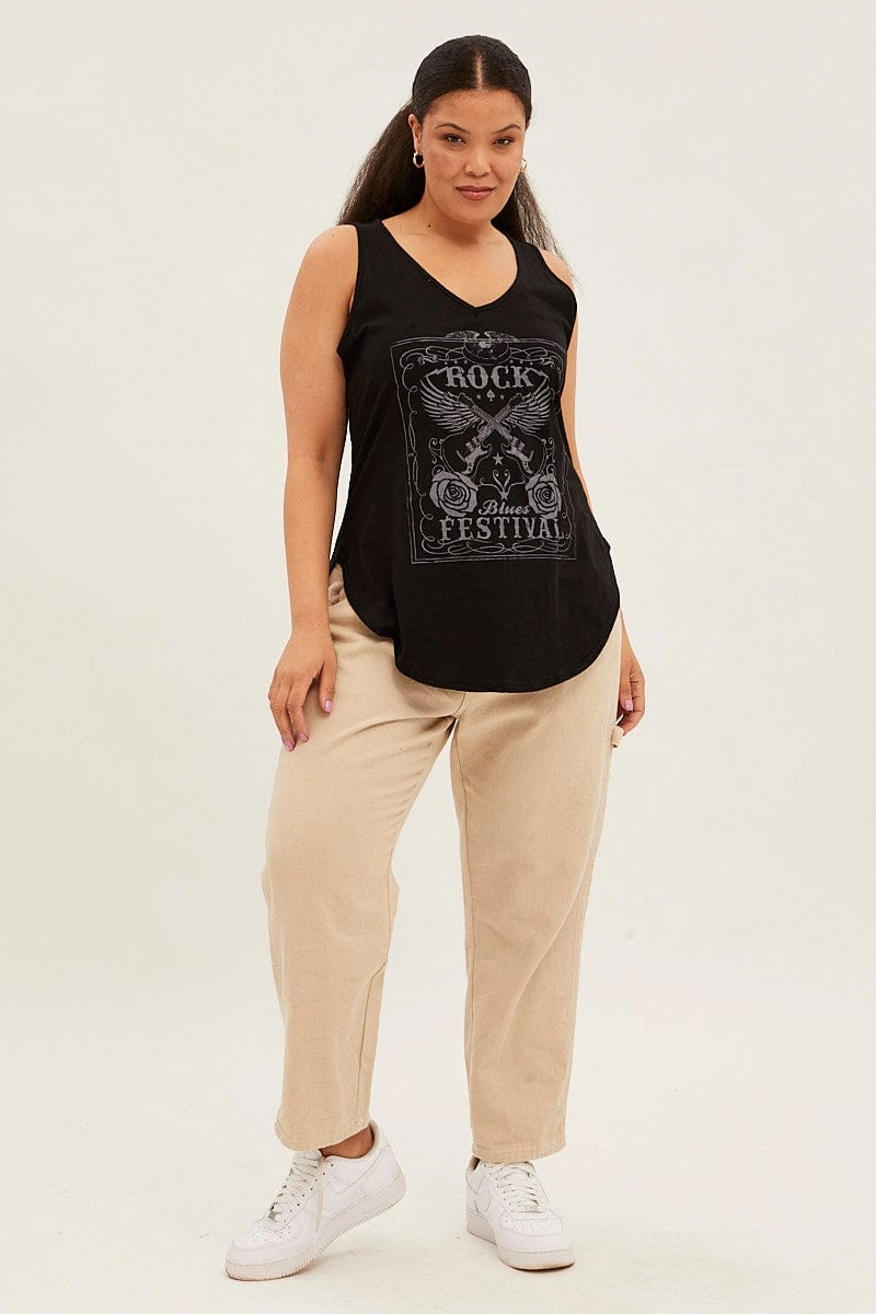 Summer Favorite Comfortable and Chic Black Sleeveless Curve Hem Rock Festival Tank Top
