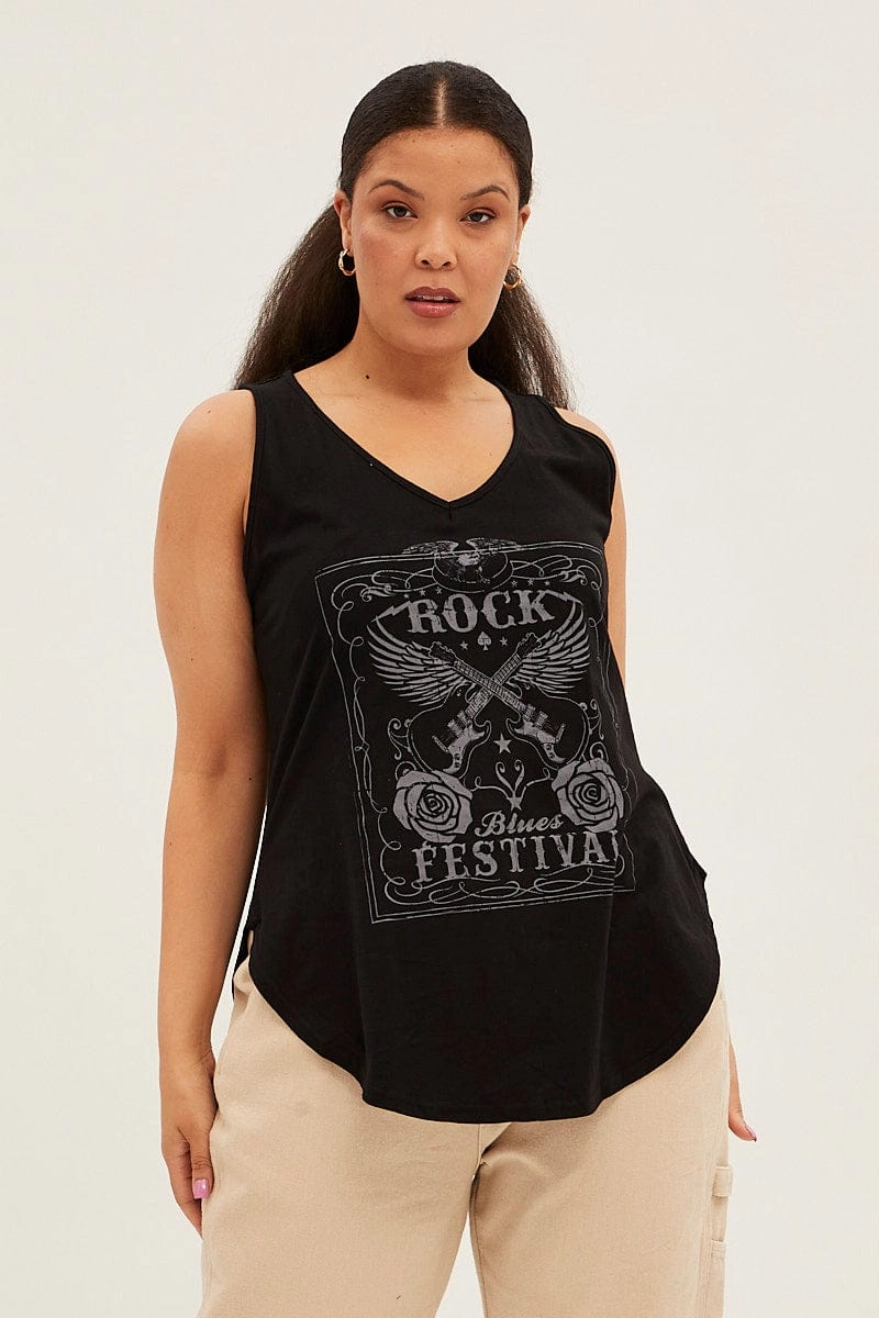 Versatile Comfort Wear Black Sleeveless Curve Hem Rock Festival Tank Top