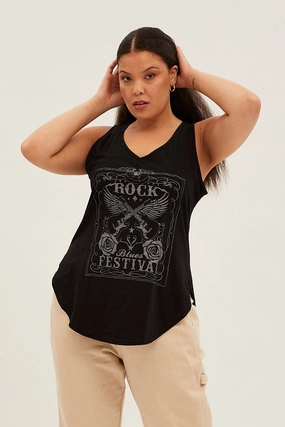 RibbedNeckBanding Casual Mode Black Sleeveless Curve Hem Rock Festival Tank Top