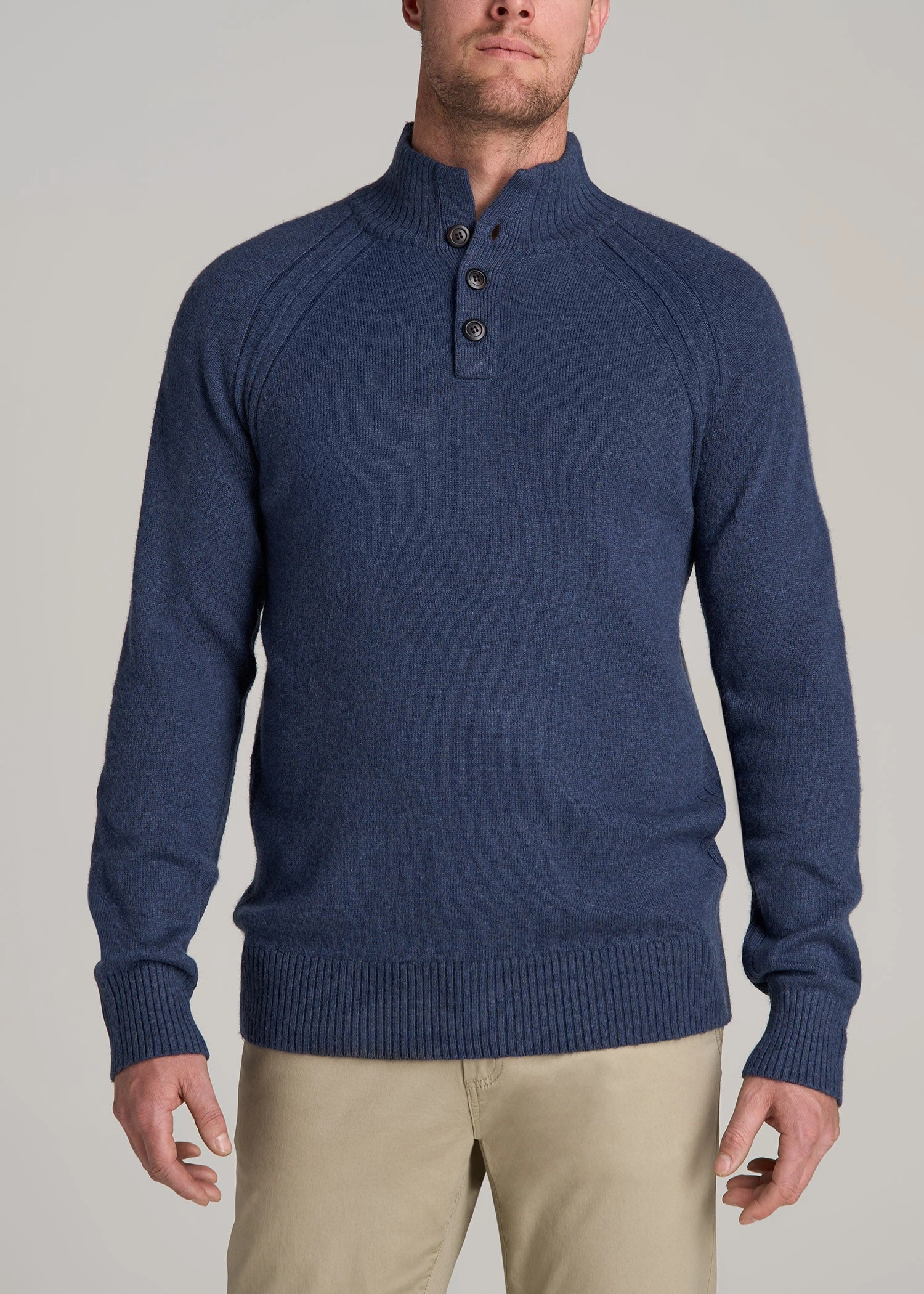 adults Three Button Mock Neck Tall Men's Sweater in Deep Cobalt Mix