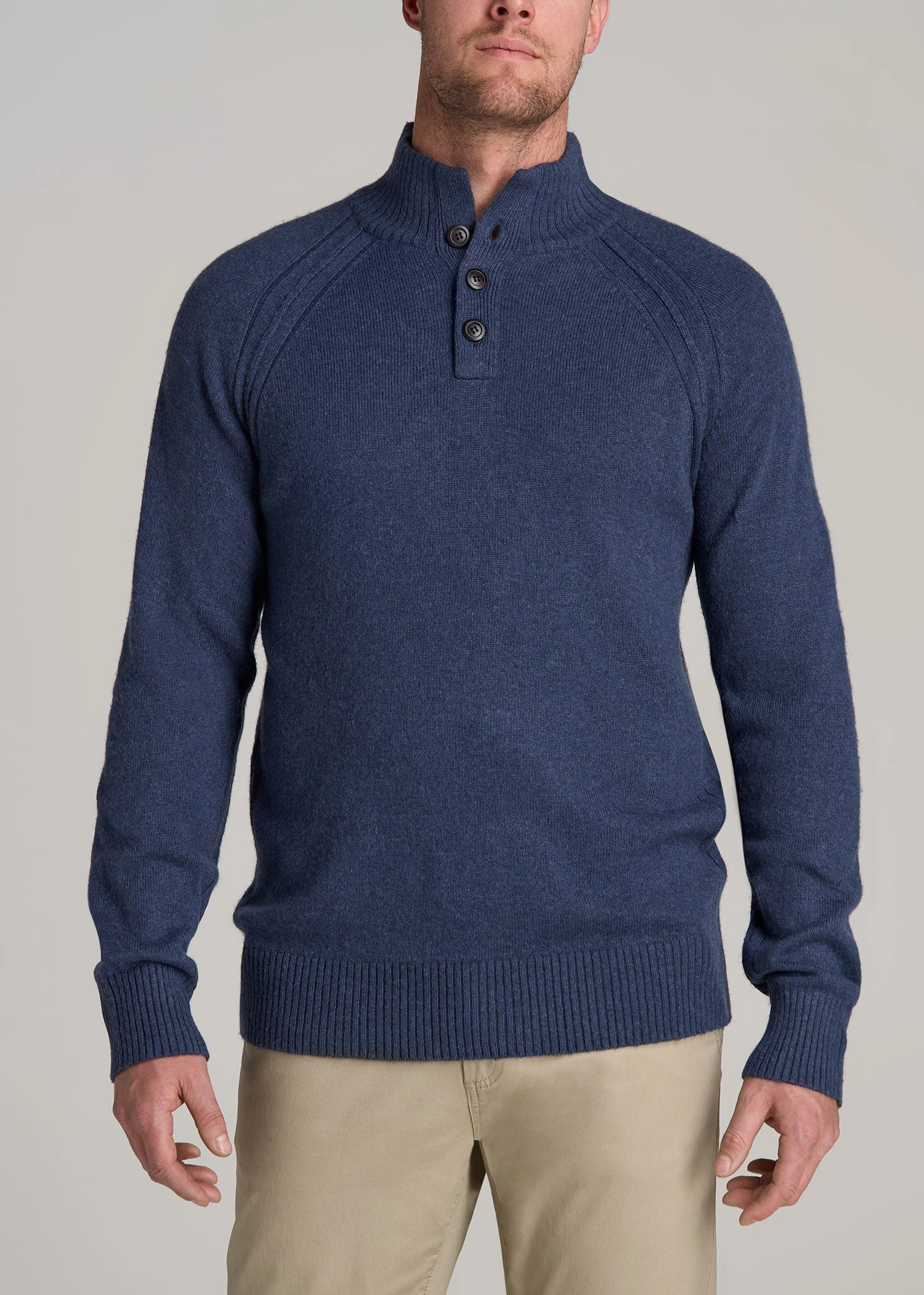 Three Button Mock Neck Tall Men's Sweater in Deep Cobalt Mix Cold Weather Protection Houndstooth