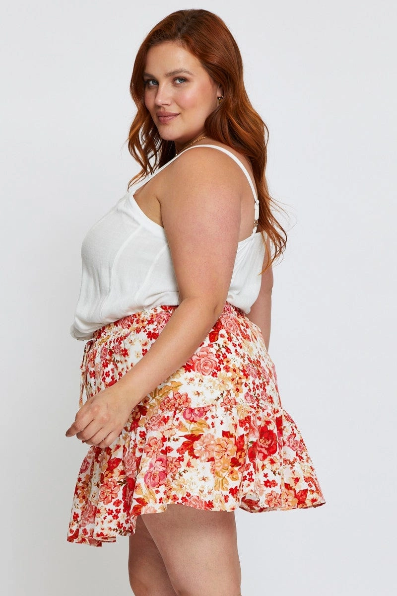 lace accents Artisan Print Floral Print Mini Skater Skirt Elastic Waist