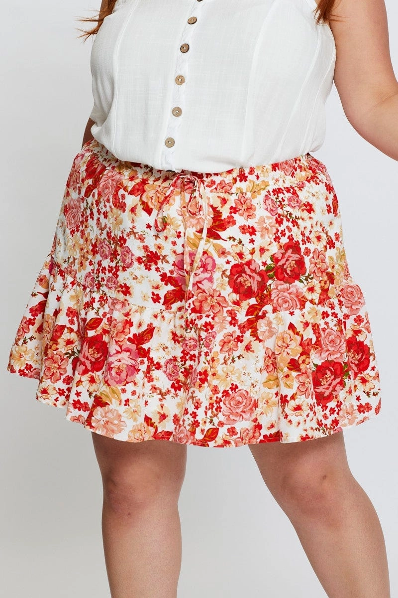 Floral Print Mini Skater Skirt Elastic Waist Mood Outfit