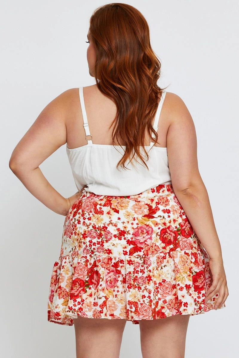 Floral Print Mini Skater Skirt Elastic Waist Semi Sheer