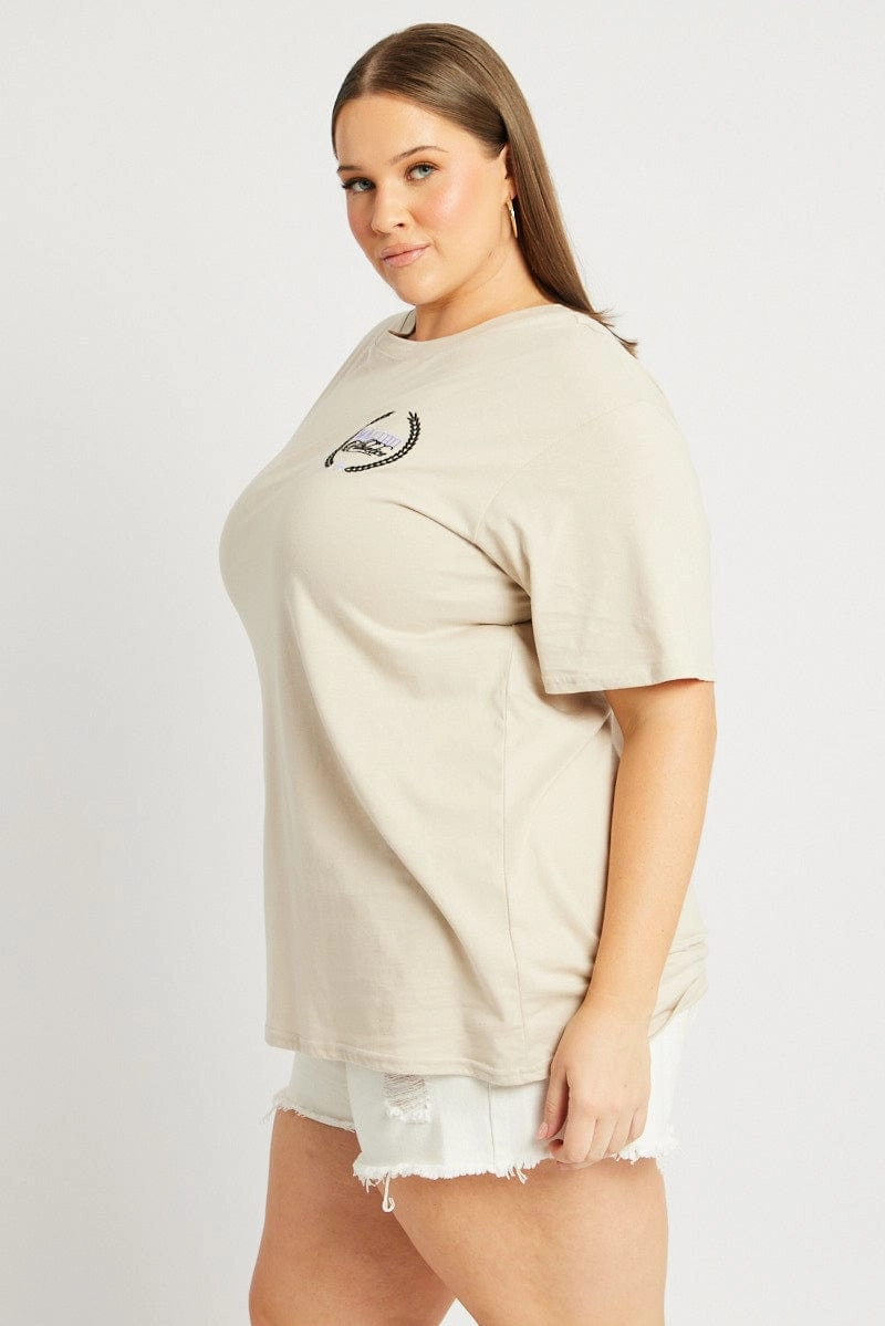 Beige Graphic T-shirt Short Sleeve Crew Neck Outdoor Leisure