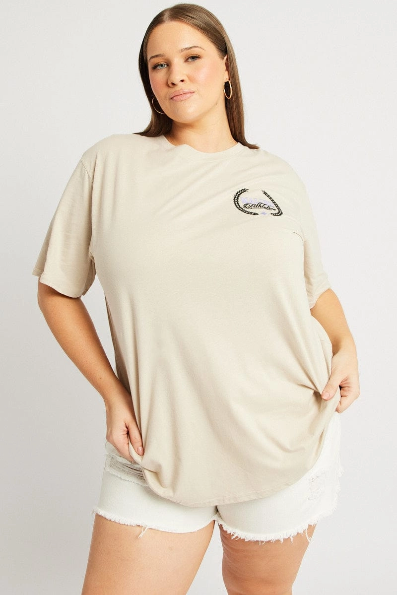 Beige Graphic T-shirt Short Sleeve Crew Neck Edgy Soft Stretch Fit