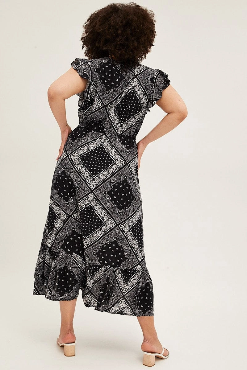 Black Boho Maxi Dress Bandana Button Front High Low Bold Elegance
