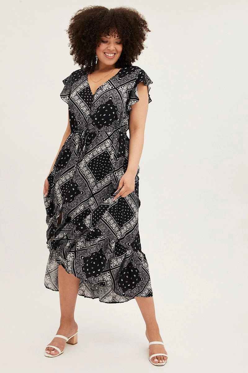 Black Boho Maxi Dress Bandana Button Front High Low Playful Twist Soft cotton blend dress