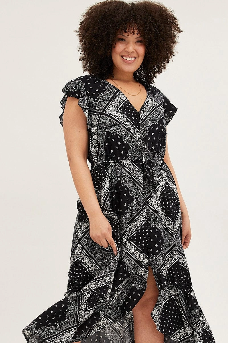 Black Boho Maxi Dress Bandana Button Front High Low Sleek and Sleek