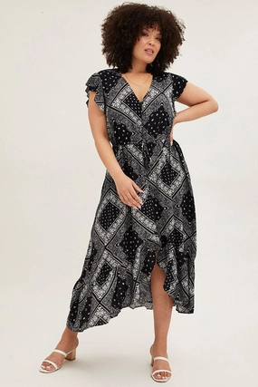 Pleat Breeze Black Boho Maxi Dress Bandana Button Front High Low