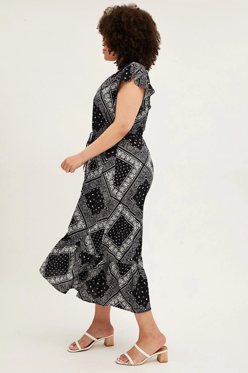 Tailored Fit Black Boho Maxi Dress Bandana Button Front High Low