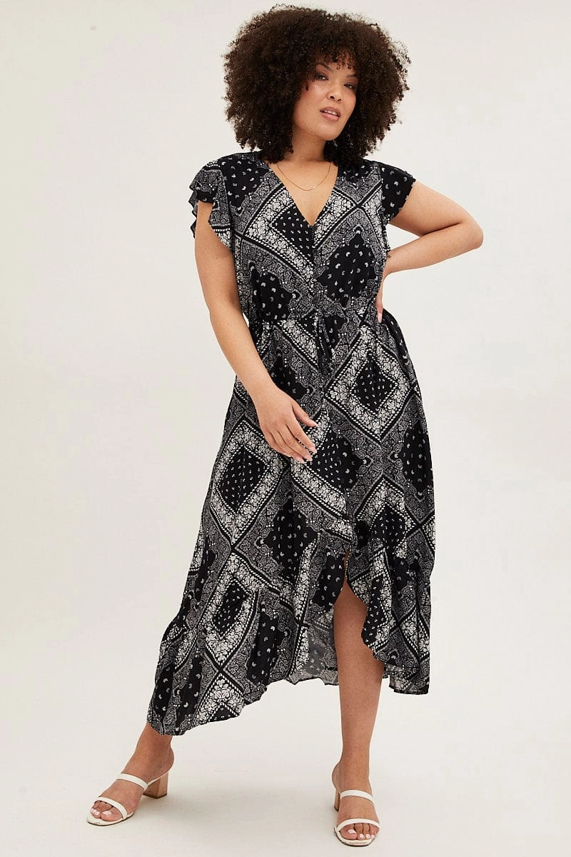 Pleat Breeze Black Boho Maxi Dress Bandana Button Front High Low