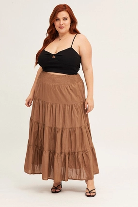 Brown Maxi Skirt Cotton Blend Tie Polka Dot Bold Mood