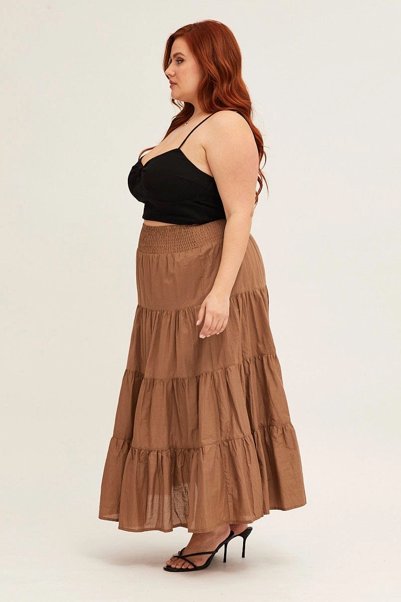 Brown Maxi Skirt Cotton Blend Tie Festival Outfit Elegant Feel