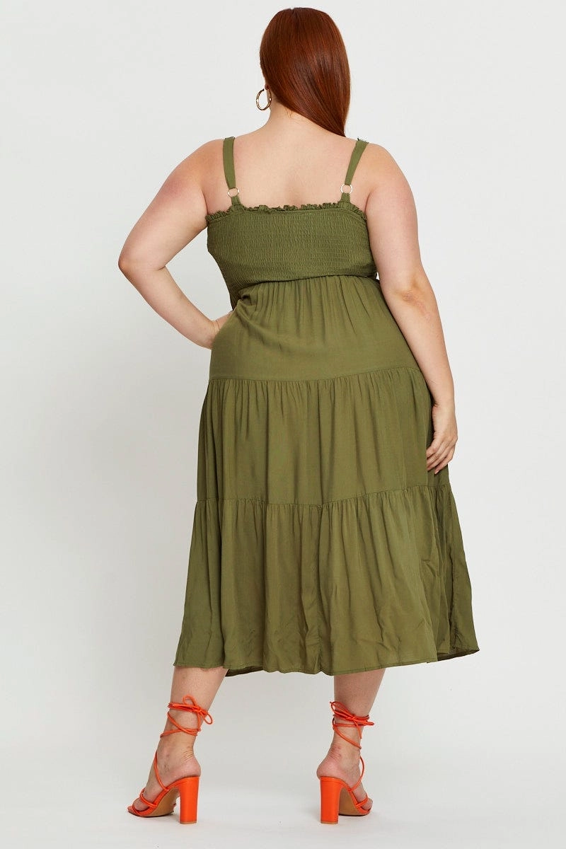 Sharp Mood Party Floral Green Midi Dress Square Neck Sleeveless