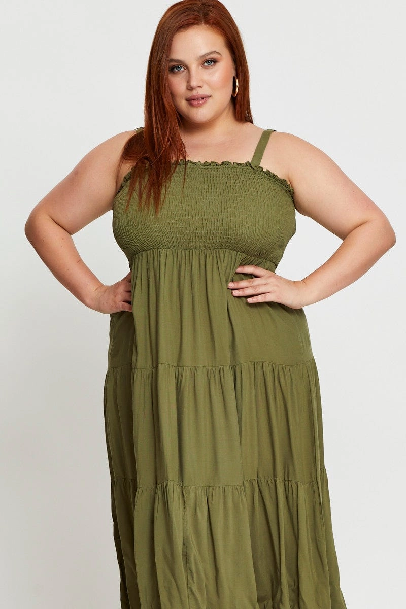 Stream Cut Green Midi Dress Square Neck Sleeveless