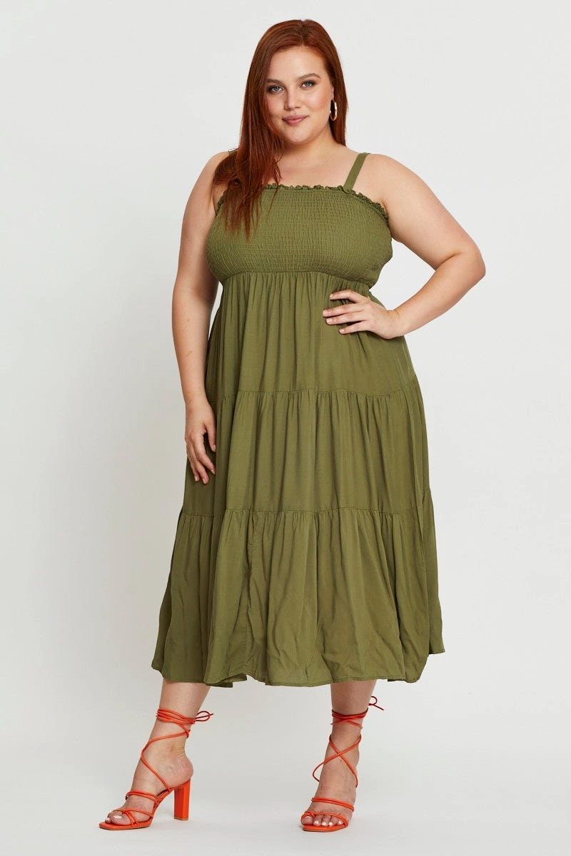 Green Midi Dress Square Neck Sleeveless Slit Detail