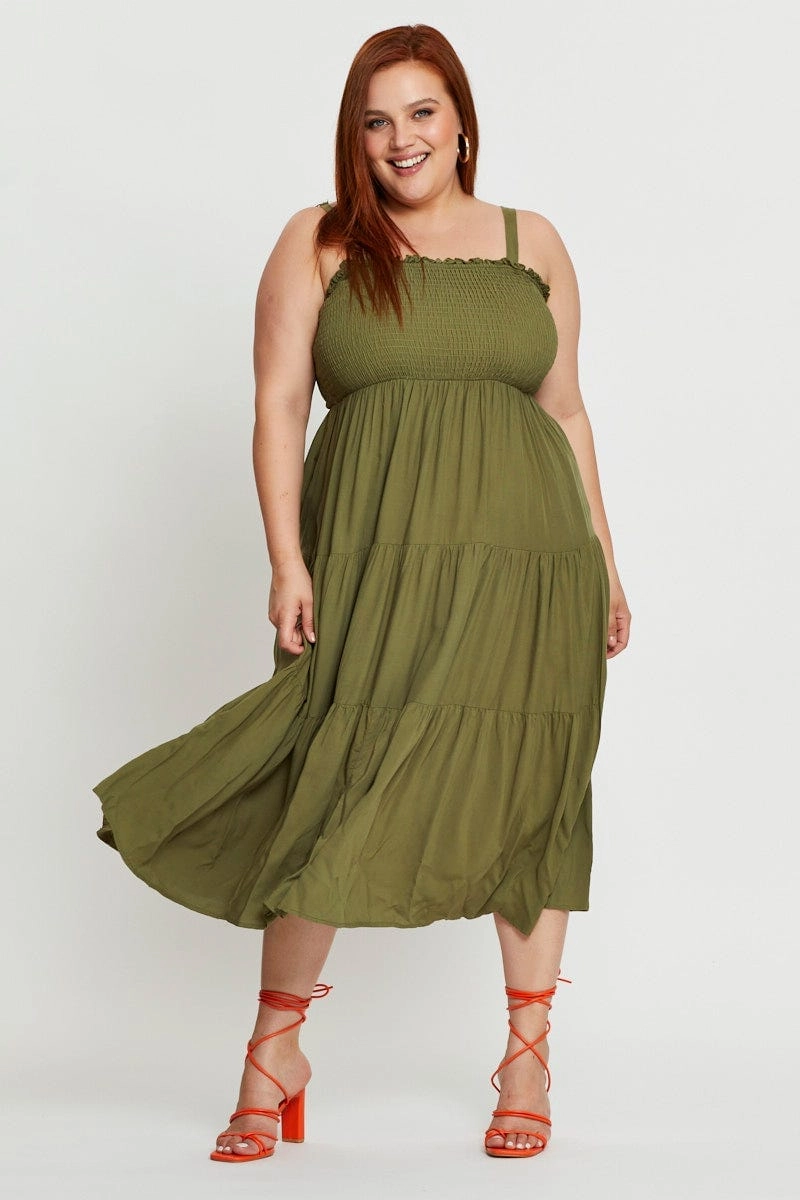 Green Midi Dress Square Neck Sleeveless Quiet Mood