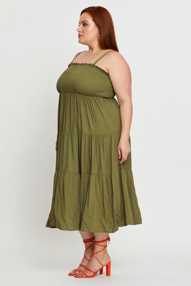 Green Midi Dress Square Neck Sleeveless Refined Aesthetic Formal Occasion